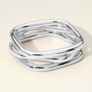 Silver 3 Piece Stack Square Metal Bangle Bracelets Set Layered Jewelry